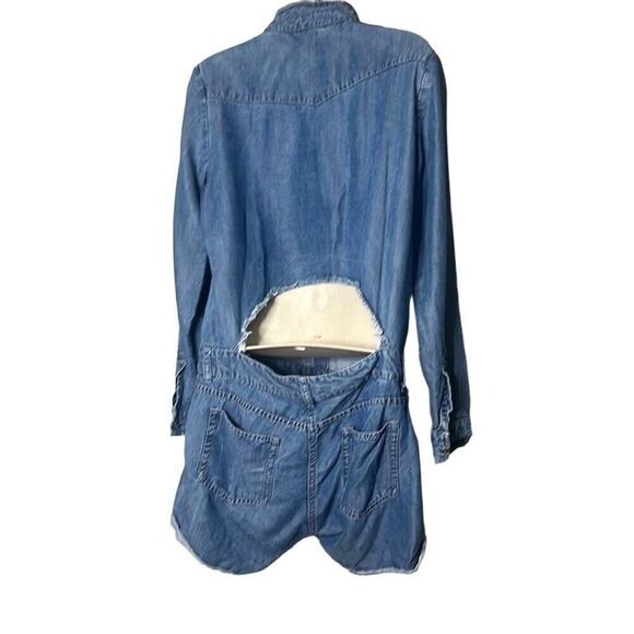 The Kooples Jeans Women's Blue Bird Embroidered Chambray‎ Open Back Romper Large - Picture 2 of 12